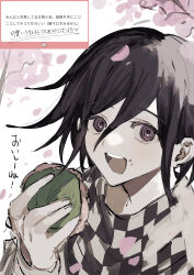 Rule 34 | 1boy, :d, absurdres, black hair, burger, checkered clothes, checkered scarf, danganronpa (series), danganronpa v3: killing harmony, flipped hair, food, food on face, hair between eyes, highres, holding, holding food, jacket, long sleeves, looking at viewer, male focus, medium hair, oma kokichi, open mouth, petals, purple eyes, scarf, smile, solo, teeth, translation request, tree, upper teeth only, wa noko, white background
