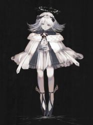 Rule 34 | 1girl, ballet slippers, black background, black footwear, black horns, black shirt, blunt bangs, c cand1e, closed mouth, coat, cross, curly hair, dress, frilled dress, frills, full body, gloves, grey eyes, halo, highres, horns, looking at viewer, original, own hands together, pantyhose, plantar flexion, scratches, shirt, short hair, single glove, solo, standing, white coat, white dress, white hair, white pantyhose
