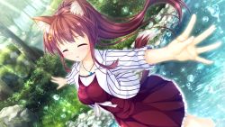 Rule 34 | 1girl, animal ears, blunt bangs, blush, closed eyes, dress, dutch angle, faura linans, forest, game cg, hair ornament, highres, jewelry, nature, necklace, ponytail, ryoumoto ken, solo, tail, water, water drop, world election