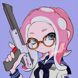 1girl aqua_eyes black_neckerchief blue_sailor_collar closed_mouth commentary fingernails glasses holding holding_weapon imaikuy0 long_sleeves medium_hair n-zap_(splatoon) neckerchief nintendo octoling octoling_girl octoling_player_character parted_bangs pink_hair portrait round_eyewear sailor_collar sailor_shirt sharp_fingernails shirt solo splatoon_(series) symbol-only_commentary tentacle_hair tortoiseshell-framed_eyewear weapon white_shirt