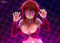 Rule 34 | 1girl, absurdres, black background, blush, breasts, choker, claw pose, cleavage, collarbone, detached sleeves, fangs, grid background, halloween, halloween costume, highres, jewelry, large breasts, long sleeves, looking at viewer, midriff, naomi kokoro, purple eyes, red hair, red shirt, ring, shirt, short hair, smile, standing, strapless, upper body, vampire, yukino memories, zel-sama