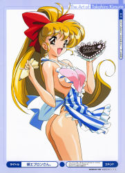 Rule 34 | 1girl, apron, artist name, ass, blonde hair, bottomless, bow, breasts, brown eyes, cake, covered erect nipples, cropped legs, food, from side, hair bow, hands up, heart, highres, holding, kimura takahiro, large breasts, long hair, looking at viewer, naked apron, no bra, no panties, open mouth, ponytail, shiny skin, sideboob, smile, solo, valentine