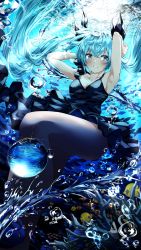 Rule 34 | 1girl, air bubble, aqua hair, armpits, arms behind head, arms up, black bow, black dress, black legwear, bow, bubble, butterflyfish, clownfish, commentary, dress, fish, floating hair, hair bow, hatsune miku, highres, long hair, looking to the side, moorish idol, parted lips, reflection, regal blue tang, shinkai shoujo (vocaloid), shirubaa, solo, sunlight, thick thighs, thighs, tropical fish, twintails, underwater, very long hair, vocaloid, water drop