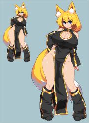 Rule 34 | 1girl, absurdly long hair, alice (flanaki), animal ear fluff, animal ears, bare shoulders, blonde hair, blue eyes, boots, breasts, china dress, chinese clothes, cleavage cutout, clothing cutout, commission, commissioner upload, detached sleeves, dress, duplicate, fox ears, fox girl, hand on own hip, large breasts, long hair, multicolored hair, multiple views, namako daibakuhatsu, no panties, non-web source, original, pelvic curtain, pixel art, very long hair