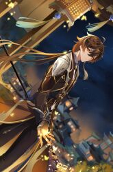 Rule 34 | 1boy, ahk dh, ahoge, architecture, brown coat, brown eyes, brown hair, brown pants, closed mouth, coat, east asian architecture, genshin impact, glowing, highres, holding, holding polearm, holding weapon, lantern, long hair, long sleeves, looking at viewer, male focus, night, night sky, pants, polearm, sky, solo, star (sky), starry sky, weapon, zhongli (genshin impact)