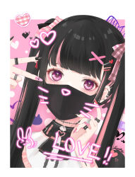 Rule 34 | 1girl, black hair, black mask, black nails, blunt bangs, border, collared dress, commentary request, dress, earclip, earrings, english text, freesia (yueyueycw1), frilled dress, frills, hair ornament, hairclip, heart, heart in eye, highres, jewelry, jirai kei, long hair, looking at viewer, mask, mouth mask, multicolored hair, multicolored nails, multiple rings, nail polish, original, pink background, pink hair, pink nails, portrait, purple eyes, ring, sidelocks, signature, solo, streaked hair, stud earrings, symbol in eye, two side up, v, white border, yami kawaii