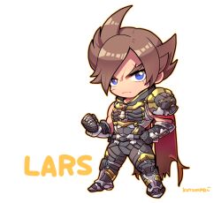 Rule 34 | 1boy, blue eyes, brown hair, cape, character name, clenched hand, closed mouth, facial scar, forked eyebrows, frown, full body, hand on own hip, highres, kotorai, lars alexandersson, male focus, orange outline, red cape, scar, scar across eye, scar on cheek, scar on face, short hair, signature, solo, standing, tekken, v-shaped eyebrows
