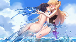 Rule 34 | 2girls, absurdres, aqua eyes, ass, bandaged arm, bandages, bare back, bare shoulders, beach, black one-piece swimsuit, blonde hair, blue sky, blush, breasts, cloud, eye contact, eyepatch, face-to-face, fischl (genshin impact), genshin impact, hair over one eye, highres, leaning forward, looking at another, mangshe jiao, mona (genshin impact), multiple girls, nude, ocean, one-piece swimsuit, open mouth, purple hair, sky, surprised, swimsuit, transformation, twintails, water, wet, yuri