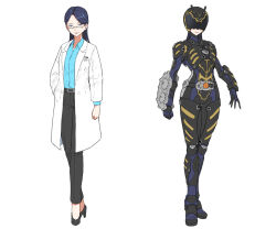 2girls alternative_zero armor assault_visor belt black_armor black_belt black_helm black_pants black_shoes blue_bodysuit blue_eyes blue_hair blue_shirt bodysuit breast_pocket clenched_hand coat collared_shirt commentary dress_shirt dual_persona eidenjyou1997 full_body genderswap genderswap_(mtf) glasses hand_in_pocket helmet high_heels kagawa_hideyuki kamen_rider kamen_rider_ryuki_(series) lab_coat light_smile long_hair looking_at_viewer mole mole_under_eye multiple_girls object_in_pocket open_clothes open_coat pants pen_in_pocket pocket semi-rimless_eyewear shirt shoes simple_background standing under-rim_eyewear white_background white_coat