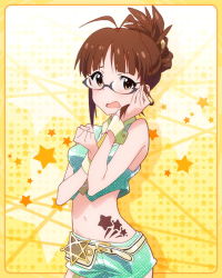 Rule 34 | 10s, 1girl, akizuki ritsuko, alternate costume, antenna hair, arms up, bare shoulders, blush, brown eyes, brown hair, covering privates, covering breasts, crop top, crop top overhang, embarrassed, female focus, folded ponytail, glasses, hair bun, hand on own cheek, hand on own face, idolmaster, idolmaster (classic), idolmaster million live!, jpeg artifacts, kawakami tetsuya, looking at viewer, midriff, navel, official art, open mouth, short shorts, shorts, single hair bun, solo, wrist cuffs, yellow background