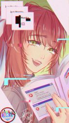 Rule 34 | 1girl, :d, absurdres, artist name, book, brown hair, chromatic aberration, commentary, copyright name, doki doki literature club, english commentary, english text, error message, glitch, green eyes, highres, huge filesize, long hair, looking at viewer, monika (doki doki literature club), moriartea-chan, open mouth, ponytail, smile, solo, tears, upper body