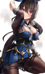 Rule 34 | 1girl, absurdres, admire vega (umamusume), animal ears, arm up, armpits, black footwear, black gloves, black pantyhose, blue dress, blush, breasts, brown hair, cleavage, closed mouth, commentary request, dress, fingerless gloves, gauntlets, gloves, hair between eyes, highres, horse ears, horse girl, horse tail, kneeling, long hair, long sleeves, looking at viewer, medium breasts, necktie, on ground, pantyhose, po musubi, ponytail, red eyes, simple background, single gauntlet, single glove, solo, steaming body, sweat, tail, umamusume, white background, white footwear, white necktie, wiping sweat