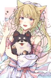 Rule 34 | 1girl, animal, bare shoulders, black fur, blonde hair, blue eyes, claw pose, dog, dress, feet out of frame, final fantasy, final fantasy xiv, flower, hair flower, hair ornament, hair ribbon, holding, holding animal, holding dog, light blush, long hair, miqo&#039;te, mokokoiro, multicolored hair, nail polish, open mouth, paw print, pomeranian (dog), ribbon, simple background, solo, streaked hair, teeth, tongue, tongue out, two-tone fur, upper body, upper teeth only, warrior of light (ff14), white dress, white fur, wide sleeves