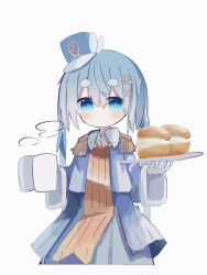 Rule 34 | 1girl, band uniform, blue eyes, blue hair, blue headwear, blue jacket, blue skirt, closed mouth, commentary, cowboy shot, cream puff, cropped torso, cup, dot mouth, epaulettes, expressionless, food, gloves, hair ornament, hairclip, hat feather, hatsune miku, highres, hikimayu, holding, holding cup, holding tray, instrument hair ornament, jacket, light blue hair, light blush, long hair, looking at viewer, mini shako cap, mug, pleated skirt, simple background, skirt, standing, steam, syare 0603, tray, twintails, very long hair, vocaloid, white background, white gloves, x hair ornament, yuki miku, yuki miku (2020)