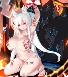 Rule 34 | 1girl, animal ears, armpits, arms up, bdsm, body markings, bondage, bound, breasts, fox ears, full body, glowing, glowing eyes, hair between eyes, highres, large breasts, long hair, looking at viewer, navel, nude, ofuda, ofuda on nipples, original, outstretched arms, pasties, red eyes, shiki (psychedelic g2), smile, solo, very long hair, white hair