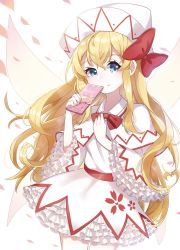 Rule 34 | 1girl, ametama (runarunaruta5656), blonde hair, blue eyes, bow, bowtie, candy, capelet, chocolate, chocolate bar, closed mouth, cowboy shot, dress, eyelashes, fairy, fairy wings, food, frilled dress, frilled sleeves, frills, hat, highres, holding, holding food, lily white, long hair, long sleeves, looking at viewer, petals, puffy dress, red bow, red bowtie, short dress, smile, solo, touhou, very long hair, white capelet, white dress, white hat, wide sleeves, wings