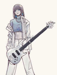 Rule 34 | 1girl, blue eyes, blue hair, blue shirt, brown hair, chain, chain necklace, colored inner hair, commentary request, crop top, cropped shirt, electric guitar, guitar, instrument, jacket, jewelry, long sleeves, looking at viewer, medium hair, midriff, multicolored hair, navel, necklace, open clothes, open jacket, original, pants, parted lips, sakashima 0822, shirt, sidelocks, signature, simple background, single off shoulder, solo, turtleneck, two-tone hair, white background, white jacket, white pants
