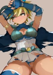 Rule 34 | armpits, artemis (shin megami tensei), artist request, blonde hair, blue cape, blush, breasts, cameltoe, cape, cleft of venus, gluteal fold, green eyes, looking to the side, pussy, shin megami tensei, shin megami tensei v, tan, thick thighs, thighs, torn clothes, upskirt