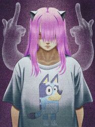 Rule 34 | 1girl, black background, blue shirt, bluey, bluey heeler, bombsahoy, character print, closed mouth, double middle finger, elfen lied, grey background, highres, horns, long hair, looking at viewer, lucy (elfen lied), middle finger, orange eyes, pale skin, pink hair, serious, shirt, solo, static, t-shirt, upper body, vectors