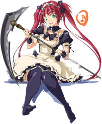 Rule 34 | 00s, 1girl, airi (queen&#039;s blade), airi (queen's blade), airi (the infernal temptress), blush, breasts, cleavage, female focus, full body, green eyes, large breasts, long hair, maid, queen&#039;s blade, red hair, ribbon, scythe, sitting, smile, solo, thighhighs, twintails, umanosuke, white background, zettai ryouiki