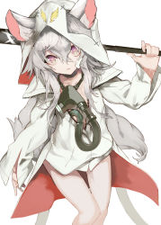 Rule 34 | 1girl, animal ears, bare legs, gas mask, hair between eyes, highres, holding, holding weapon, jacket, long hair, long sleeves, looking at viewer, mask, original, patch, purple eyes, shiromiso, silver hair, solo, sparkling eyes, tail, weapon, white background, zipper
