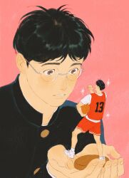 Rule 34 | 1boy, ball, basketball (object), basketball uniform, black hair, black jacket, brown eyes, character doll, chengongzi123, chinese commentary, commentary request, gakuran, glasses, hands up, highres, holding, holding ball, in palm, jacket, kogure kiminobu, long sleeves, male focus, parted lips, pink background, pointing, pointing at self, round eyewear, school uniform, short hair, simple background, slam dunk (series), sparkling aura, sportswear, upper body, very short hair