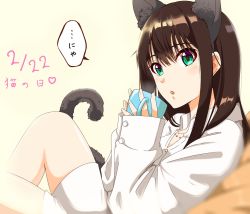Rule 34 | 1girl, animal ears, bad id, bad pixiv id, brown hair, cat ears, cat tail, collarbone, collared shirt, cup, dress shirt, green eyes, hair between eyes, highres, holding, holding cup, idolmaster, idolmaster cinderella girls, jewelry, long hair, long sleeves, lying, naked shirt, necklace, on back, open mouth, shibuya rin, shiki (0802makimari), shirt, simple background, solo, speech bubble, tail, teacup, white background, white shirt, wing collar