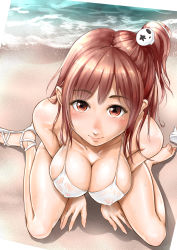 Rule 34 | 1girl, arm support, beach, bikini, breasts, brown eyes, brown hair, cleavage, covered erect nipples, day, dead or alive, dead or alive 5, feet, from above, ganari ryuu, hair ornament, highres, honoka (doa), large breasts, one side up, outdoors, revision, see-through, shoes, single shoe, sitting, skull hair ornament, swimsuit, thighs, wariza, water