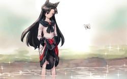 Rule 34 | 1girl, animal ears, black hair, bug, butterfly, dress, imaizumi kagerou, insect, long hair, meimaru inuchiyo, outdoors, partially submerged, red eyes, solo, sparkle, standing, tail, touhou, wading, water, wolf ears, wolf tail
