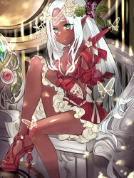 Rule 34 | 1girl, bad id, bad pixiv id, breasts, bug, butterfly, butterfly hair ornament, cleavage, dark skin, dark-skinned female, dress, elf, frilled dress, frills, green eyes, hair ornament, high heels, highres, bug, legs, long hair, looking at viewer, off shoulder, pointy ears, red dress, ribo, sandals, sidelocks, sitting, smile, solo, very long hair, white hair
