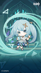 Rule 34 | 1girl, absurdres, aqua eyes, aqua hair, book, chibi, dress, faruzan (genshin impact), genshin impact, hair ornament, highres, holding, holding book, long hair, looking at viewer, musical note, official art, parted lips, short sleeves, solo, standing, triangle-shaped pupils, twintails, white dress, white footwear, x hair ornament