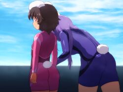 Rule 34 | 2girls, alternate costume, animal ears, arms at sides, ass, breasts, brown hair, clothing request, cloud, commentary request, cowboy shot, day, flat chest, floppy ears, from behind, inaba tewi, leaning forward, ledge, long hair, long sleeves, looking back, medium breasts, multiple girls, outdoors, petite, profile, purple hair, rabbit ears, rabbit tail, red eyes, reisen udongein inaba, shirosato, short hair, sideways mouth, sky, standing, tail, touhou, very long hair