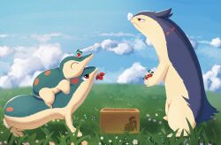 Rule 34 | absurdres, box, closed mouth, cloud, commentary request, creatures (company), cyndaquil, day, evolutionary line, flower, from side, game freak, gen 2 pokemon, grass, highres, holding, mouth hold, nintendo, outdoors, pokemon, pokemon (creature), quilava, red eyes, red flower, sky, tenkuu fukurou, typhlosion
