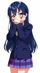 Rule 34 | 1girl, blazer, blue hair, blush, bow, bowtie, closed mouth, commentary request, cowboy shot, hair between eyes, hands on own cheeks, hands on own face, highres, jacket, long hair, long sleeves, looking at viewer, love live!, love live! school idol project, otonokizaka school uniform, red bow, red bowtie, school uniform, simple background, smile, solo, sonoda umi, standing, striped, totoki86, white background, yellow eyes