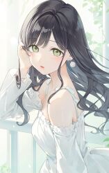Rule 34 | 1girl, adjusting hair, bare shoulders, black hair, blush, bracelet, copyright request, day, dress, earrings, green eyes, highres, jewelry, kinako (shiratama mochi), long hair, looking at viewer, novel illustration, off-shoulder dress, off shoulder, official art, outdoors, parted lips, railing, ring, solo, sunlight, upper body, white dress