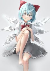 Rule 34 | 1girl, alternate eye color, barefoot, blue hair, bow, cirno, closed mouth, collared shirt, detached wings, dress, fairy, frilled dress, frills, grey dress, grey eyes, hair between eyes, hair bow, highres, ice, ice wings, puffy short sleeves, puffy sleeves, red bow, shironeko yuuki, shirt, short hair, short sleeves, smile, solo, touhou, white background, wings