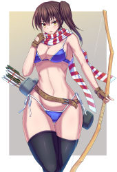 Rule 34 | 1girl, alternate costume, arrow (projectile), bikini, black thighhighs, blue bikini, border, breasts, brown eyes, brown gloves, brown hair, cleavage, commentary request, gloves, grey background, highres, kaga (kancolle), kantai collection, large breasts, long hair, looking at viewer, partially fingerless gloves, partly fingerless gloves, quiver, scarf, side-tie bikini bottom, side ponytail, solo, standing, striped clothes, striped scarf, swimsuit, thick thighs, thighhighs, thighs, two-tone background, volk (bo-tan), white border, yugake, yumi (bow)