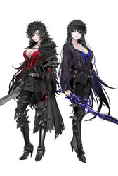 Rule 34 | 2girls, adapted costume, armor, barnabas tharmr, black cape, black hair, breasts, cape, cleavage, clive rosfield, final fantasy, final fantasy xvi, full body, genderswap, genderswap (mtf), greaves, high heels, large breasts, maccyman, multiple girls, scar, scar on face, simple background, skirt, standing, sword, weapon