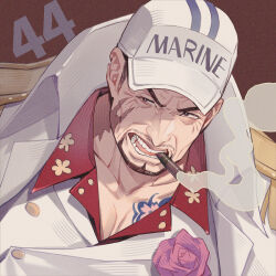 Rule 34 | 1boy, baseball cap, black hair, chest tattoo, cigar, coat, commentary, commentary request, english commentary, epaulettes, facial hair, goatee, hat, male focus, military uniform, mixed-language commentary, mouth hold, mustache stubble, one piece, open mouth, sakazuki (akainu), short hair, smoke, smoking, solo, stubble, tattoo, teeth, uniform, white hat, yoshicha