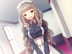 Rule 34 | 1girl, blush, breasts, female focus, idolmaster, idolmaster (classic), indoors, long hair, looking at viewer, maid, maid headdress, nekota chihiro, open mouth, red eyes, shijou takane, silver hair, smile, solo