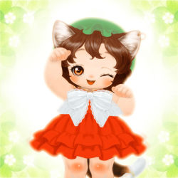 Rule 34 | 1girl, :3, ;d, aged down, animal ears, brown hair, cat ears, cat tail, chen, dress, earrings, eyelashes, floral background, gradient background, hat, jewelry, mob cap, multiple tails, one eye closed, open mouth, orange eyes, paw pose, red dress, ribbon, single earring, smile, souri, tail, touhou