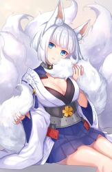 Rule 34 | 1girl, animal ears, azur lane, blue eyes, blue skirt, blunt bangs, blush, bob cut, breasts, brown background, cleavage, fox ears, fox tail, head tilt, highres, holding tail, invisible chair, japanese clothes, kaga (azur lane), kimono, kitsune, kon (k0n16), kyuubi, large breasts, long sleeves, looking at viewer, multiple tails, obi, parted lips, ribbon trim, sash, short hair, silver hair, simple background, sitting, skirt, smile, solo, tail, tassel, white kimono, wide sleeves
