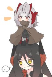 Rule 34 | 2girls, aged down, annoyed, arknights, black hair, blush, cape, commentary, covered mouth, demon girl, demon horns, english commentary, frown, grey hair, horns, ines (arknights), kurotofu, long hair, multiple girls, on head, orange eyes, short hair, w (arknights), yellow eyes
