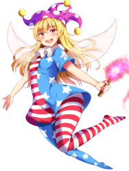 Rule 34 | 1girl, :d, american flag dress, american flag legwear, blonde hair, blue dress, blue pantyhose, clownpiece, commentary, dress, fairy wings, full body, hair between eyes, hat, highres, holding, holding torch, jester cap, long hair, looking at viewer, nagomian, neck ruff, no shoes, open mouth, pantyhose, polka dot, polka dot headwear, purple hat, red dress, red eyes, red pantyhose, short dress, short sleeves, simple background, smile, solo, star (symbol), star print, striped clothes, striped dress, striped pantyhose, thighs, torch, touhou, white background, white dress, white pantyhose, wings