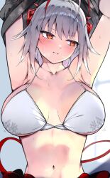 Rule 34 | 1girl, antennae, arknights, armpits, arms up, black skirt, blush, bra, breasts, breasts apart, collarbone, demon girl, demon horns, demon tail, grey hair, highres, horns, kyuu (plastic night q), large breasts, navel, orange eyes, red skirt, short hair, skirt, solo, stomach, sweat, tail, two-sided fabric, two-sided skirt, underwear, undressing, upper body, w (arknights), white bra