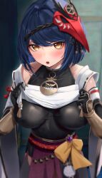 Rule 34 | absurdres, annoyed, black hair, blush, breasts, embarrassed, genshin impact, gloves, highres, jewelry, kujou sara, large breasts, looking at viewer, mask, necklace, open mouth, oukafafafa, short hair, skin tight, skirt, solo, standing, vision (genshin impact), yellow eyes