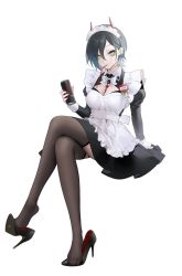 Rule 34 | 1girl, arm support, azur lane, bad id, bad twitter id, black footwear, black hair, black thighhighs, bow, bowtie, breasts, can, cleavage, clothing cutout, drinking straw, fake horns, high heels, highres, holding, holding can, horns, looking at viewer, maid, maid headdress, mouth hold, nail polish, ohisashiburi, pumps, shoes, short hair, sitting, stalk in mouth, stiletto heels, teeth hold, thighhighs, ulrich von hutten (azur lane), ulrich von hutten (mayhem maid) (azur lane), white background, yellow eyes