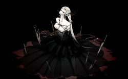 Rule 34 | 1girl, arms behind back, barbed wire, bare shoulders, bdsm, bite mark, black background, black dress, blood, bondage, bound, breastless clothes, breasts, cross, cross earrings, dagger, dress, earrings, goth fashion, guro, hair over one eye, highres, jewelry, knife, kyo (kuroichigo), large breasts, looking at viewer, nipples, original, pale skin, planted, pointy ears, silver hair, solo, twintails, vampire, weapon, yellow eyes