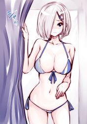 Rule 34 | 10s, 1girl, bikini, blue eyes, breasts, cleavage, curtains, dressing room, hair ornament, hair over one eye, hairclip, hamakaze (kancolle), kantai collection, large breasts, looking at viewer, navel, short hair, silver hair, solo, souryu, striped bikini, striped clothes, swimsuit