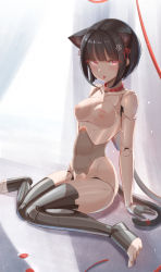 Rule 34 | 1girl, android, animal ear fluff, animal ears, areola slip, bandaid, bandaids on nipples, bare shoulders, barefoot, black hair, blunt bangs, bob cut, breasts, can zhu, cat ears, cat tail, collar, collarbone, full body, highres, joints, mecha musume, medium breasts, navel, original, pasties, pink eyes, robot joints, short hair, sitting, solo, tail, toes, tongue, tongue out, wariza